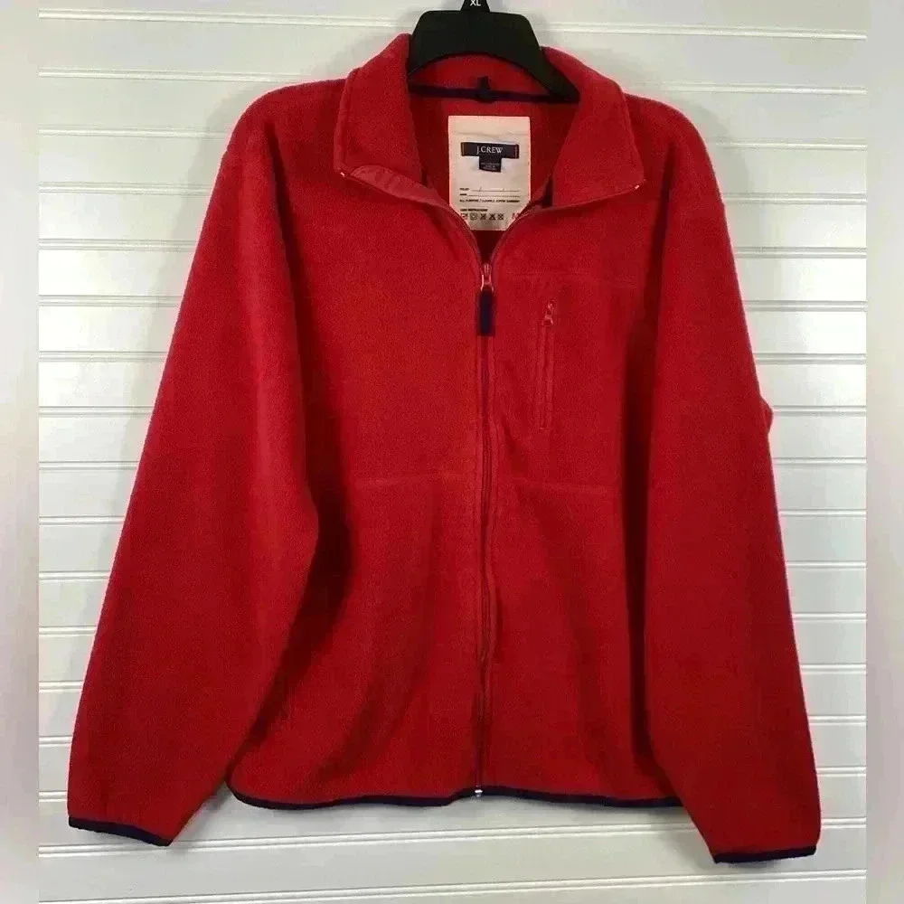 J.Crew Red Men's Full-zip Fleece Jacket  Size Medium 100% polyester